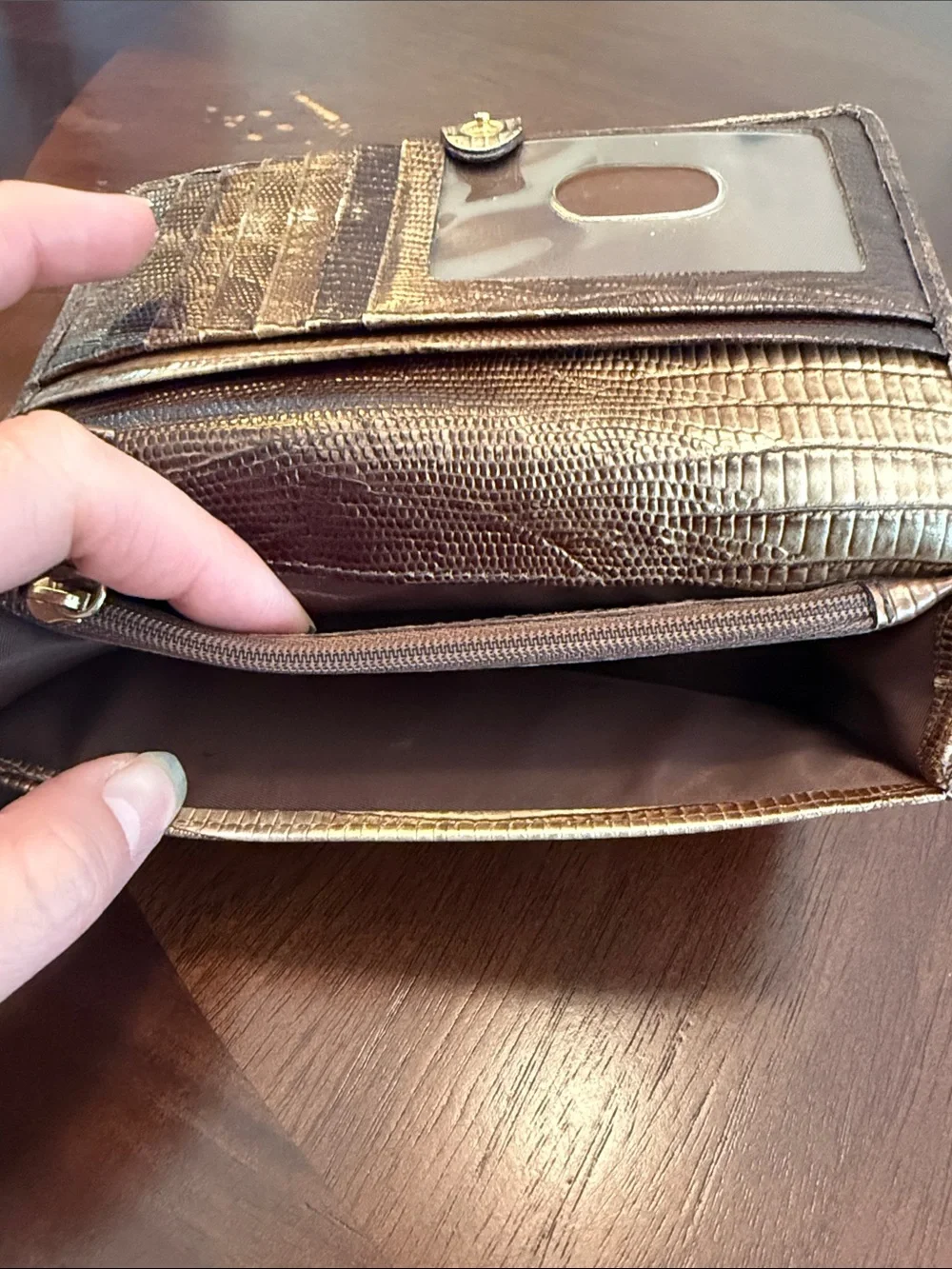 Brahmin Champagne Metallic Lizard-Embossed Wristlet Clutch